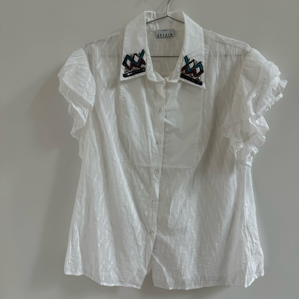White Ruffled Sleeve Top with Embroidered Collar